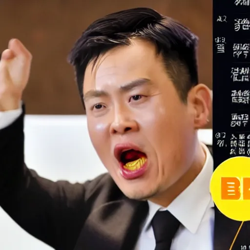 Prompt: ceo of binance changpeng zhao screaming while angry customers grab