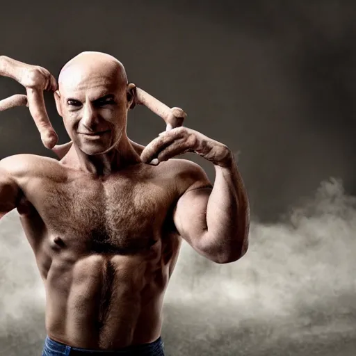 Image similar to a muscular bald man with engines on his back and drainage pipes from his arms, diesel engine, gasoline engine, combustion engine, high definition photograph