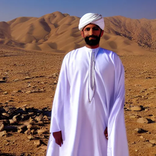 Image similar to realistic photo of omani man wearing traditional clothes standing in a desert