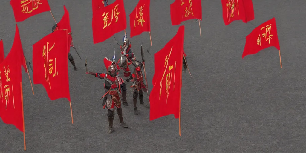 Prompt: mid shot cinematic artwork of an ancient Chinese army wearing red armor and holding red flags on the battlefield by greg rutowski, masterpiece, 4k