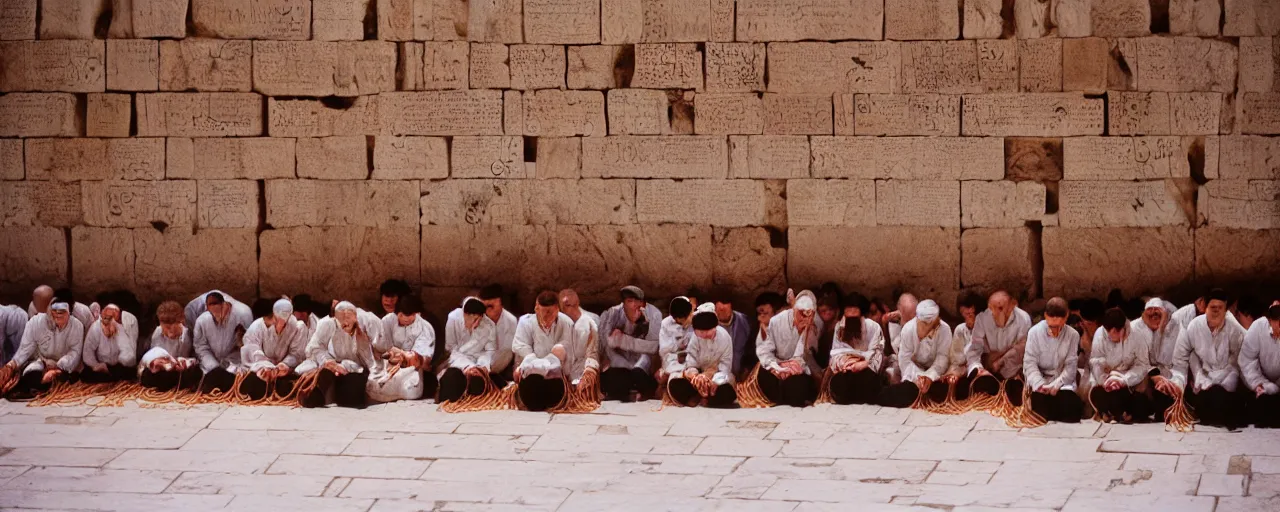 Image similar to jewish people praying with spaghetti at the wailing wall in israel, fine detail, canon 5 0 mm, in the style of diane arbus, in the style wes anderson, kodachrome, retro