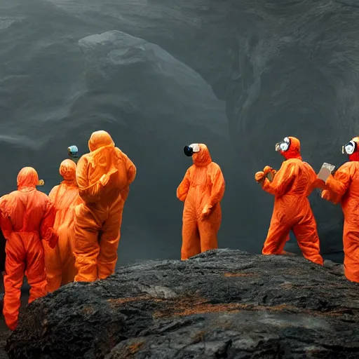 Image similar to wide - shot photo of a group of scientists in hazmat suits, studying a hell open rift portal, by shaun tan, codachrome, hellish, unsettling, otherworldly, smoke, machines, floating rocks, 8 k, hd, highly detailed,