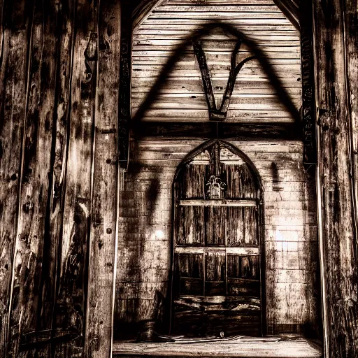 Prompt: cronenbergian creature, southern gothic, inside of an old wooden church in louisiana, dark and intricate photograph