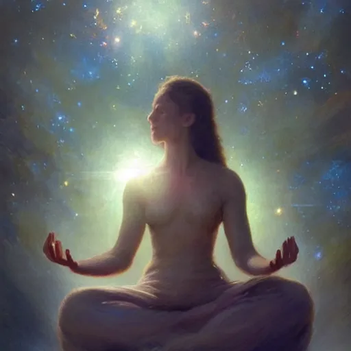 Image similar to A woman holding!!!!! Earth!!!!! in her eloquently gentle palms while she solemnly meditates about what to do next in the creation of the universe, illustrated by Greg Rutkowski and Gaston Bussiere, vividly radiantly beautiful lighting, closeup!!!!!, portrait imagery!!!!!, dazzling dappled lighting, subsurface scattering, light refractions, trending on artstation, 4k, 8k!!!!!