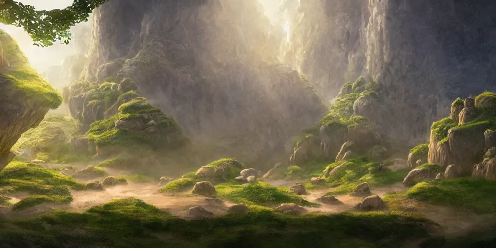 Prompt: lush and beautiful concept art for the shire, floating rocks in the air, stone city, arabian castles, sand, golden sun, planets, lord of the rings, peter jackson, studio ghibli, detailed, realistic lighting, volumetric lighting, golden hour,