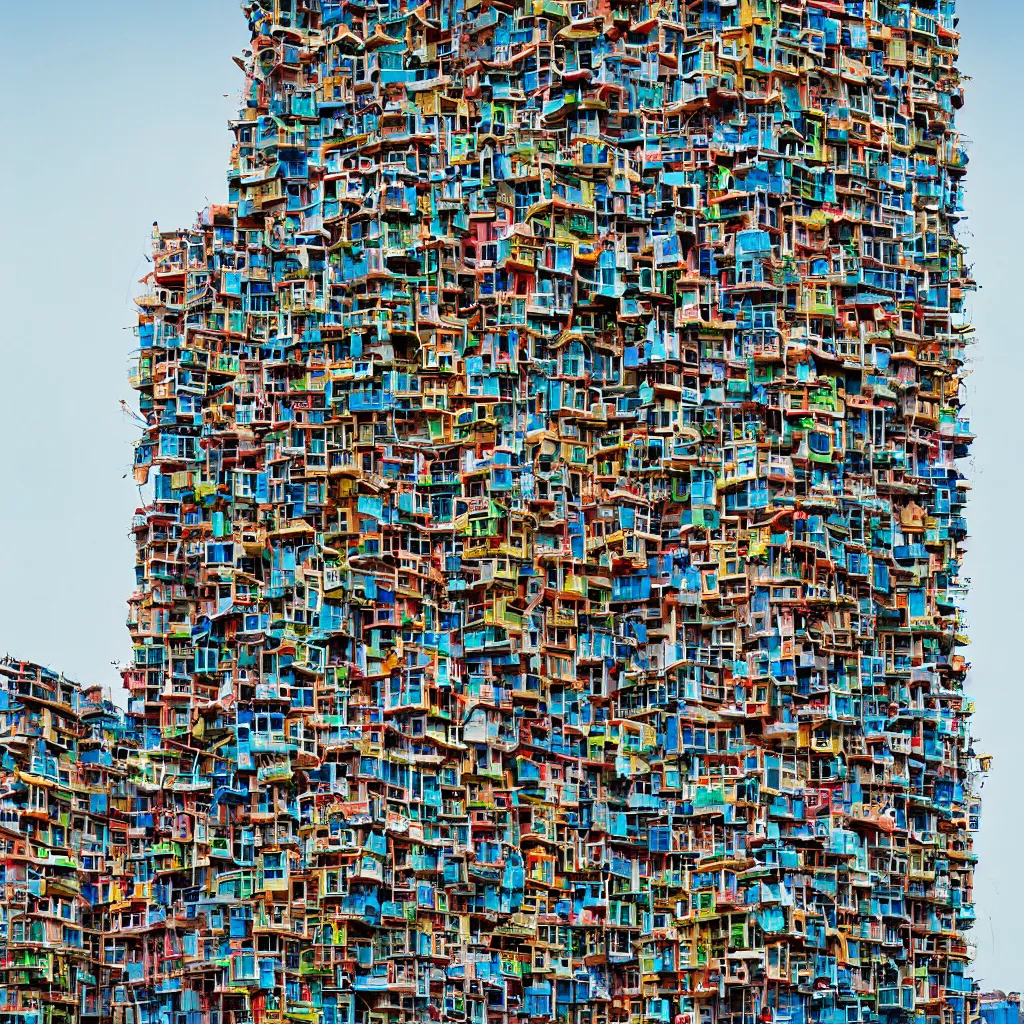 Image similar to intertwined high towers with colourful stacked makeshift squatters, uniform plain sky, mamiya, very sharp, very detailed, photographed by cristina de middel