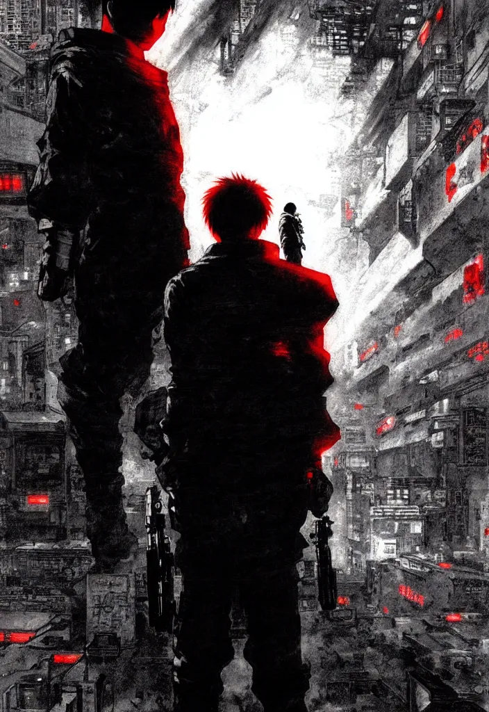 Image similar to kaneda from akira, silhouetted by a black sun | anime, matte painting, dystopian megacity neo - tokyo akira, shaded perfect, fine details. realistic shaded lighting anime manga artwork by katsuhiro otomo, akira, artgerm, jeremy lipkin and michael garmash and rob rey