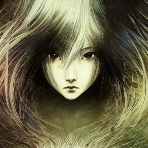 Image similar to yoshitaka amano blurred and dreamy realistic illustration of a young japanese woman with black eyes, wavy white hair fluttering in the wind wearing elden ring armor with engraving, abstract patterns in the background, satoshi kon anime, noisy film grain effect, highly detailed, renaissance oil painting, weird portrait angle, blurred lost edges, three quarter view