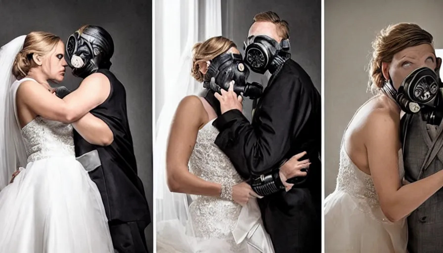 Image similar to disturbing big budget hollywood movie bride and groom wearing gas masks at the marriage of reason and squalor perfect composition dramatic lighting chiaroscuro