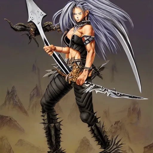 Prompt: realistic art style, warrior girl, wild spiky black saiyan hair, long spiky hair, electrified hair, holding scimitar made of bone, scimitar, sword, jagged sword, curved sword, orkish sword, colorized, gray skin, hyper - detailed, primeval fantasy, prehistoric fantasy, drawn by frank frazetta and boris vallejo