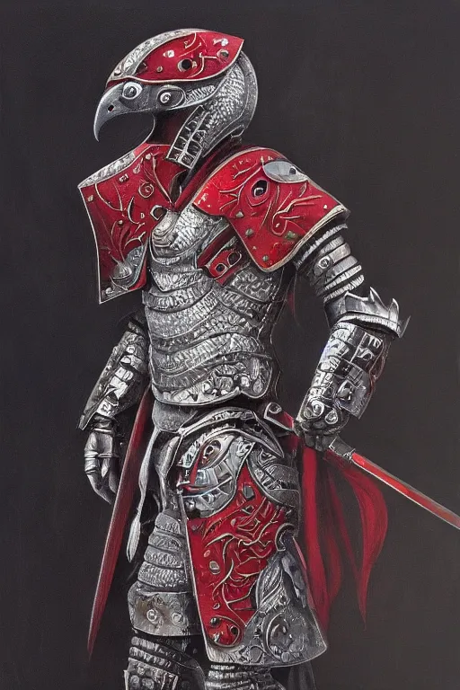 Prompt: A set of armor, intricate, Silver, red, ruby, empty, falcon-themed, acrylic painting, trending on artstation, artstationHD, artstationHQ