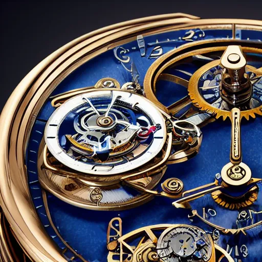 Image similar to the mechanism of a steampunk Jaquet Droz Skelet-One Tourbillon, highly detailed illustration highlights, gold and silver highlights, neon blue highlights, macro photography, F/2.8, trending on artstation, octane render