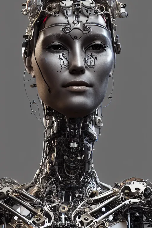 Image similar to a beautiful and young fully cybernetic female with a body mostly made of mechanical parts adorned digital detail and some ornate geometric carvings female human face, intricate, elegant, very detailed, hyper real, octane render, 8k, trending on Artstation