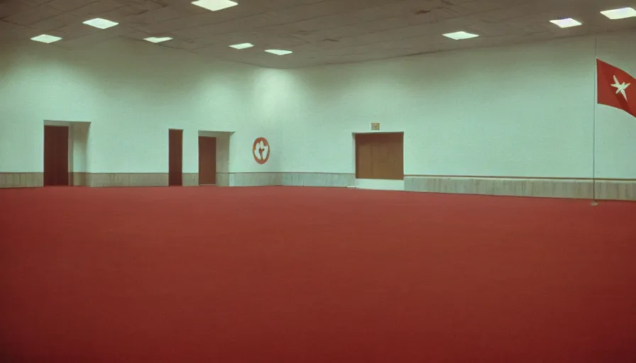 Prompt: 60s movie still of a sovietic stalinist style wide empty ballroom with USSR's flags, cinestill 800t 50mm eastmancolor, liminal Space style, heavy grain-s 150