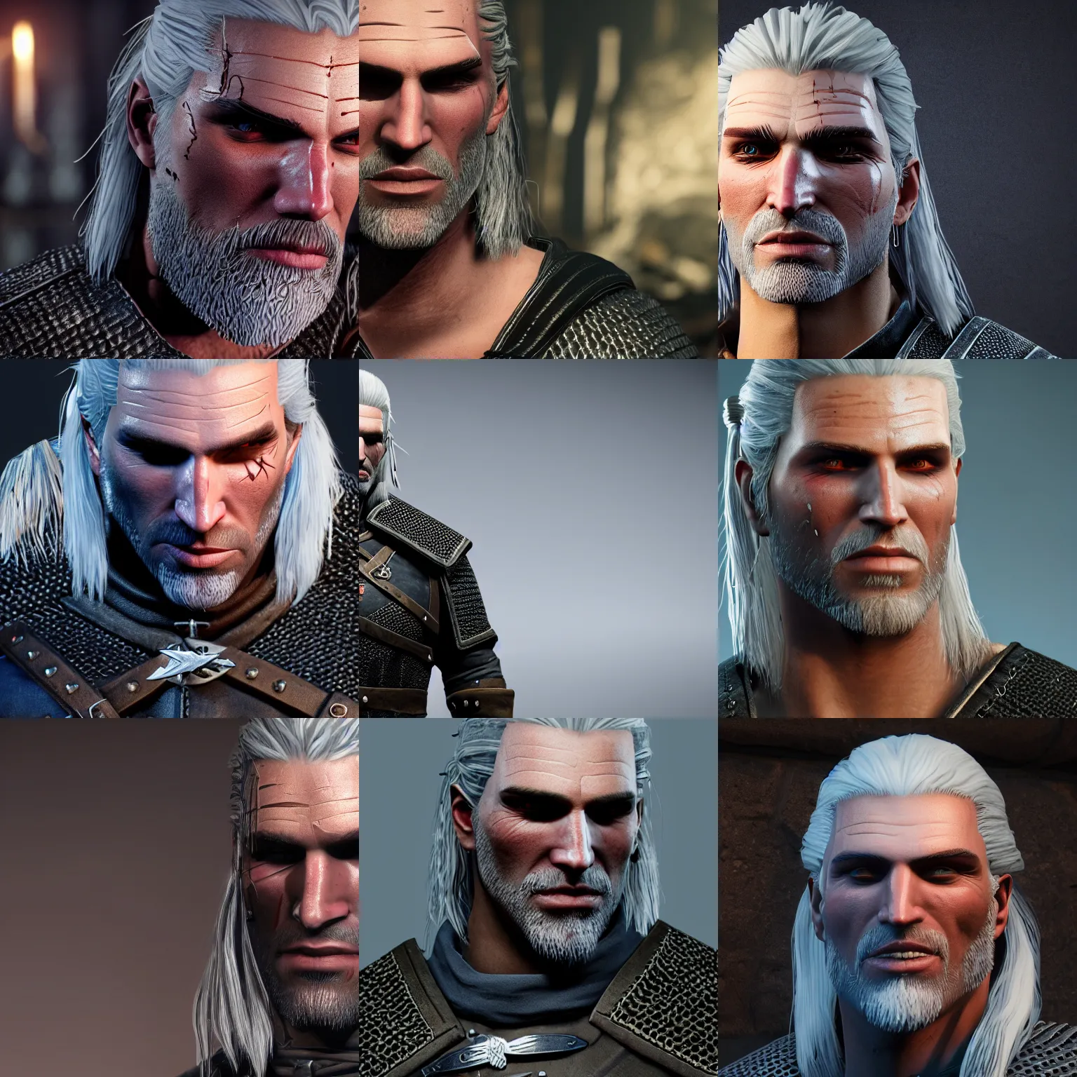 Prompt: geralt of rivia, lots of scars, 8 k, unreal engine 5, sharp and detailed, studio background