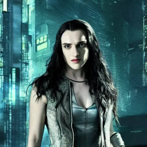 Image similar to Katie McGrath as Cyberpunk Morgana