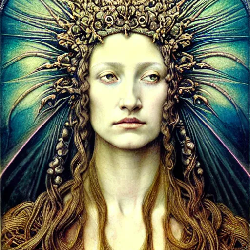 Prompt: detailed realistic beautiful young medieval queen face portrait by jean delville, gustave dore, iris van herpen and marco mazzoni, art forms of nature by ernst haeckel, art nouveau, symbolist, visionary, gothic, pre - raphaelite