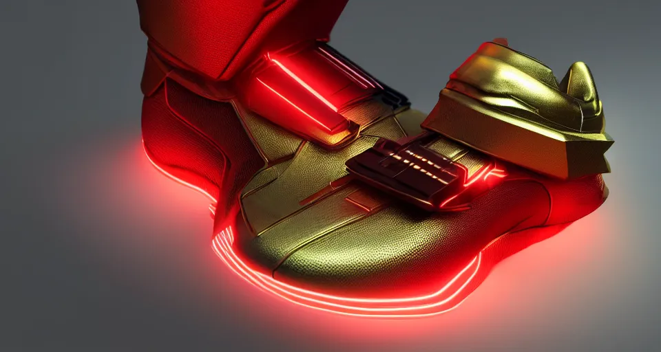 Image similar to realistic 3 d render of a cyberpunk android sneaker, beautiful studio lighting, soft, sharp focus, neon cyberpunk highlights, intricate detail, gold and red accents, soft rubber, octane render, side view, close up, trending on artstation, deviantart, moebius, artgerm, feng zhu
