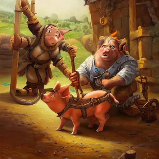 Image similar to catapult launching a pig, oil painting by justin gerard, deviantart