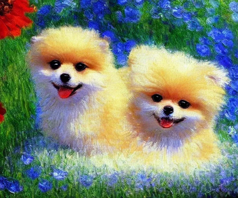 Image similar to pomeranian, cute, monet, oil painting