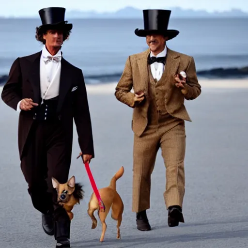 Image similar to a chihuahua wearing a top hat walking Matthew McConaughey on a tightrope