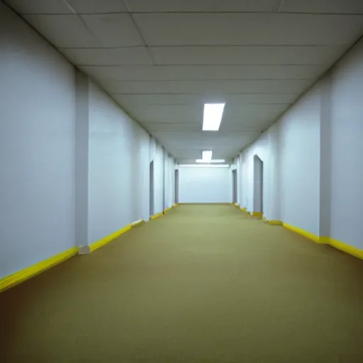 Image similar to Backrooms, old moist carpet, mono-yellow, fluorescent lights, randomly segmented rooms