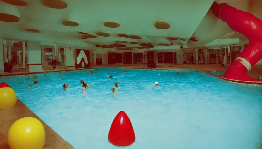 Image similar to 60s movie still of a Super Mario themed indoors swimming pool with plastic super mushrooms, green pipe water slides, plastic palm trees, cheap fluorescent lighting cinestill 800t 50mm eastmancolor, liminal Space style, heavy grain