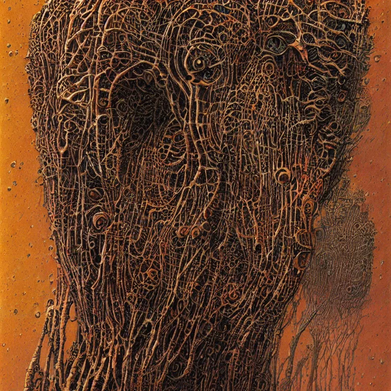 Image similar to organic cyborg alien skeleton alien centipede planet face style of peter gric zdzislaw beksinski surrealism poster art