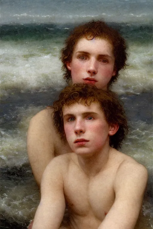 Prompt: close up portrait of a young irish adolescent man with flushed skin swimming in the cold sea at dawn, soft light, eerie serene photograph by annie leibowitz, 2 0 1 9, thomas kinkade, bouguereau