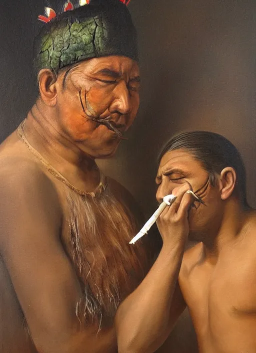 Image similar to a beautiful painting of an indigenous man blowing tobacco snuff into the nose of another man , fantasy art, matte painting, highly detailed