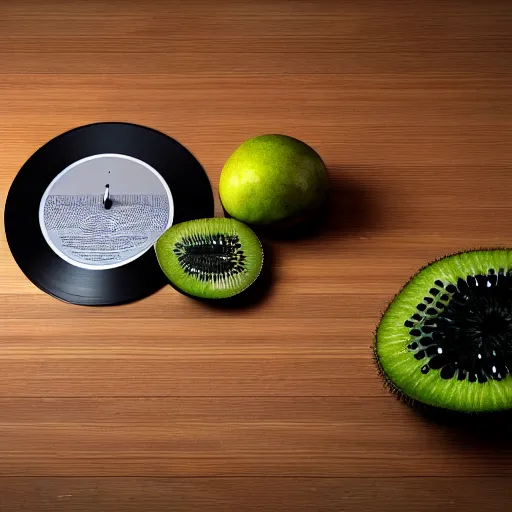 Prompt: vinyl player with vinyl record in shape of huge kiwi fruit, 4 k, optical illusion, unreal render, hyperrealistic textures, product shot, top view