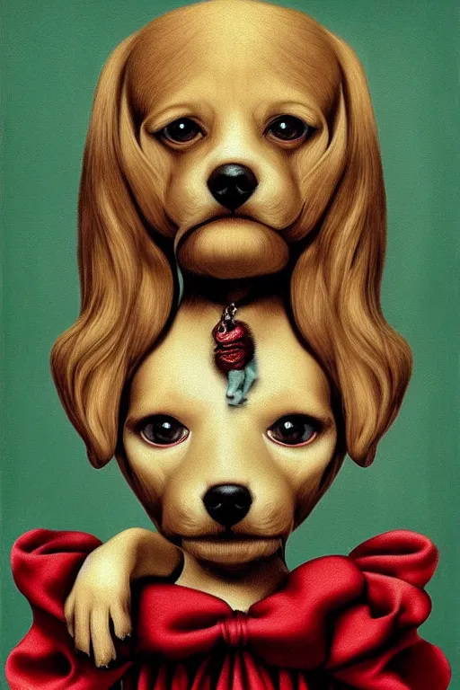Prompt: a cute dog who look like cameron diaz painted by mark ryden, by dali, digital art