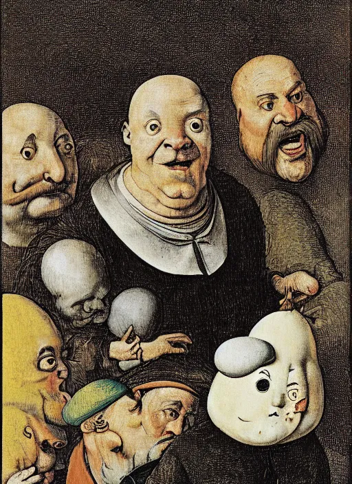 Image similar to carton of gregs'eggs with silly round humpty dumpty jack black facial expressions, realistic, by hieronymus bosch and pieter brueghel