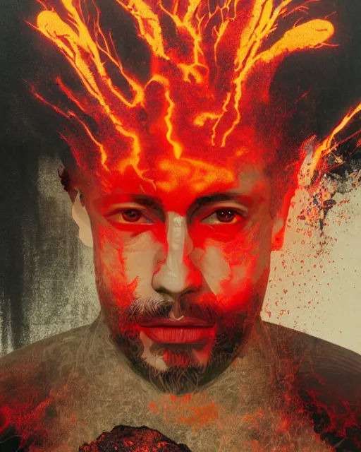 Prompt: sam hyde emerging from volcanic lava in cyberpunk theme by conrad roset, nicola samuri, dino valls, m. w. kaluta, rule of thirds, sigma male, gigachad look, beautiful