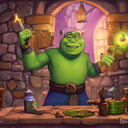 Image similar to shrek as a wizard, in a tavern, hearthstone, concept illustartion, character art,