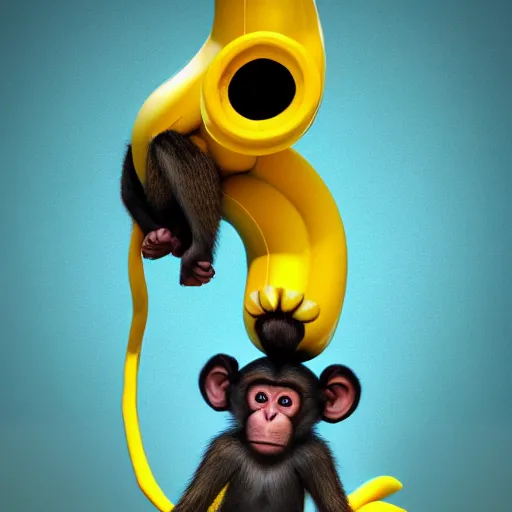 Image similar to digital art of a monkey in a banana costume, 8 k render, octane render, saturated