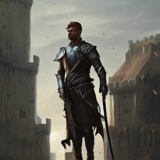 Prompt: king Arthur holding sword, castle in the background, Greg Rutkowski, trending on artstation