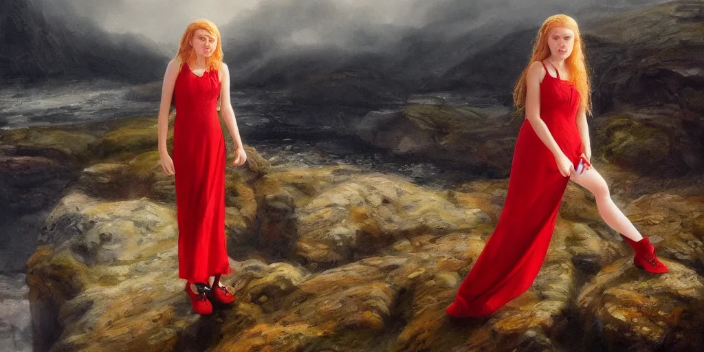 Prompt: a strawberry blonde haired teenage girl in a floor length irish style white and red dress stands amidst a rocky landscape eerily lit by blue light with no apparent source shrouded in mist, oil painting, realistic, detailed