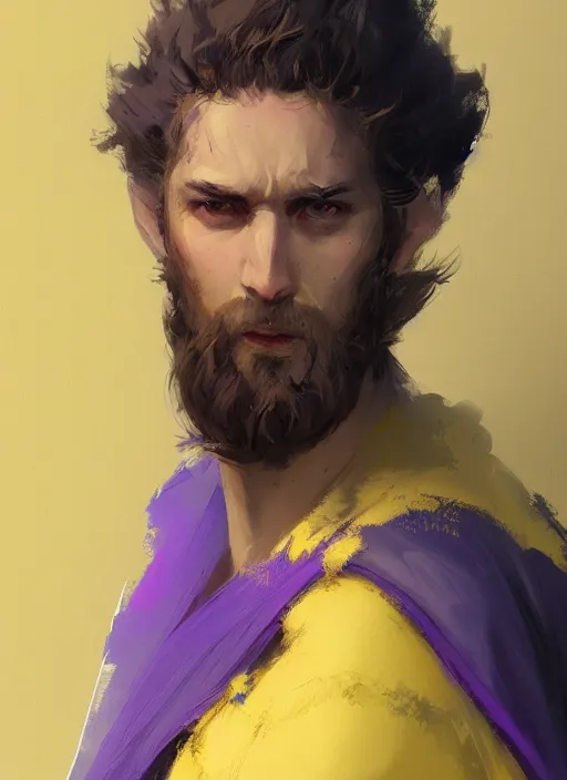 Image similar to concept art of a character wearing a yellow and purple robe by greg rutkowski and artgem, detailed, digital art, trending on artstation, hyper - realistic