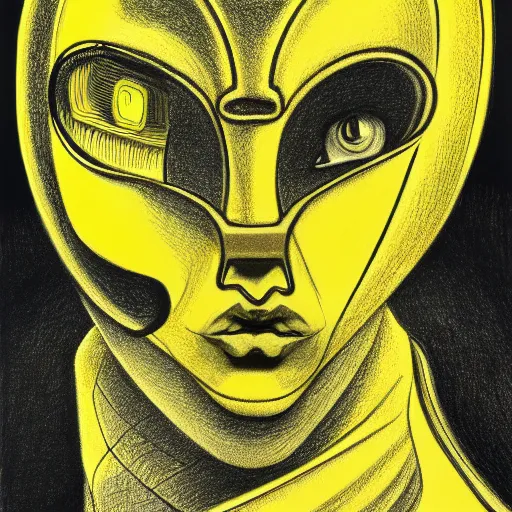 Prompt: yellow ranger lithography on paper conceptual figurative ( post - morden ) monumental dynamic soft shadow portrait drawn by hogarth and escher and francis bacon, inspired by goya, illusion surreal art, highly conceptual figurative art, intricate detailed illustration, controversial poster art, polish poster art, geometrical drawings, no blur