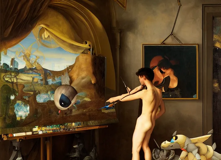 Prompt: a young painter in his studio painting a picture of a pokemon, by edgar maxence and caravaggio and michael whelan and delacroix style, artistic, intricate drawing, cinematic lighting, hyper realistic, extremely detailed, establishing shot, 8 k resolution, dramatic lighting