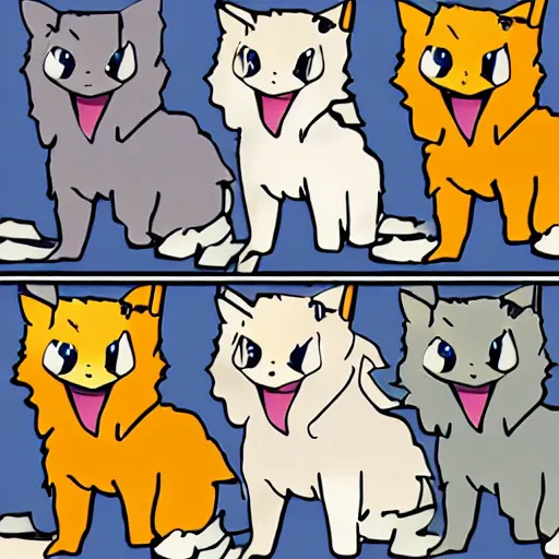 Image similar to golden retriever high fiving 3 gray and white cats in pokemon art style