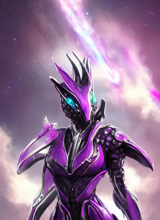 Image similar to cinematic full body, cosmic sized beautiful stunning giant robot mechan hot female dragon goddess, sharp sleek cyborg dragon head, sharp metal ears, smooth purple eyes, smooth fuschia skin, smooth silver armor, nebula, epic proportions, epic scale, macro furry, furry art, dragon art, goddess art, giantess art, warframe, warframe fanart, furaffinity, octane