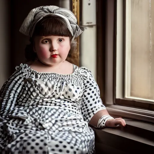 Prompt: charming and chubby girl, wearing a polka dot dress and a victorian - style hairdo on her head, sits in the large and bright studio. sunlight enters through the barred window. very realistic shiny skin. subsurface scattering shiny skin. beautiful lighting, 4 k post - processing, highly detailed, 5 k extremely detailed, 3 d. cinematic scene.