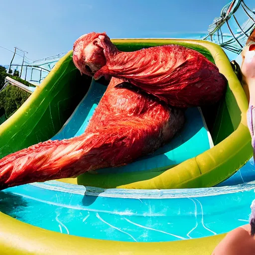 Image similar to photo of an enormous raw chicken emerging from the bottom of a waterslide at a water park on a sunny day in the style of a coca cola ad