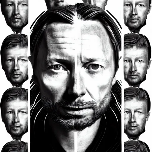 Image similar to collages, hyper realistic, many variations portrait of very old thom yorke, face variations, singer statue of ultron by jama jurabaev, very long shot, trending on artstation, high quality, brush stroke, for aaa game,