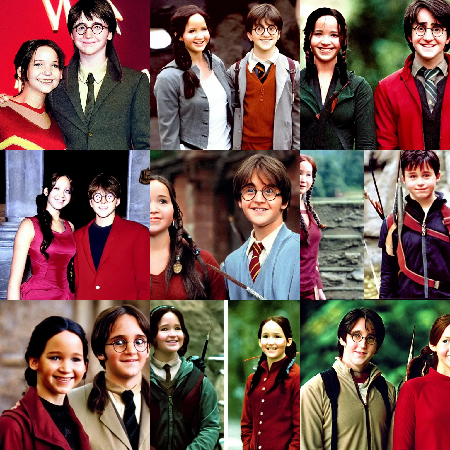 Prompt: Katniss Everdeen standing next to Harry Potter (Harry Potter and the Philosopher's Stone, 2001), both smiling for the camera