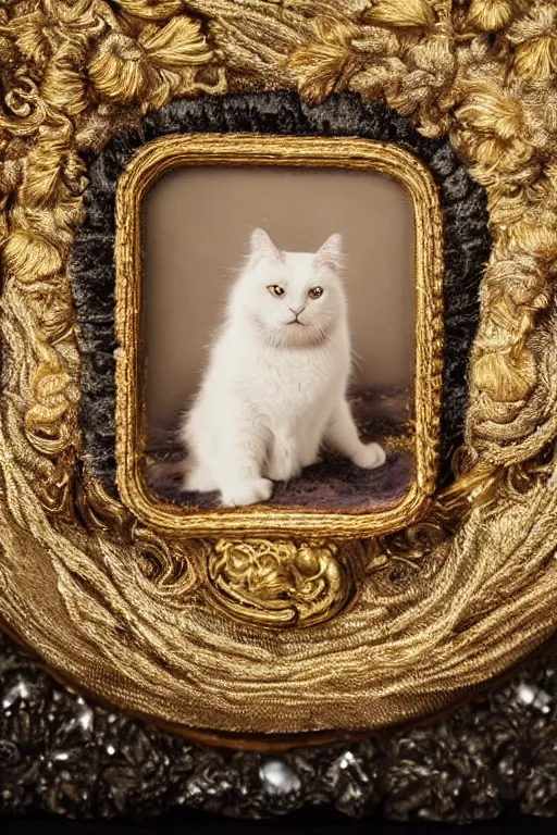 Image similar to a magnificent tintype portrait of a fluffy fat cat on an embroidered velvet cushion on a neo - rococo gilded little bed with precious stones, ball of yarns all around, photorealistic, photography, wide shot