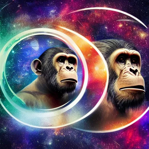 Image similar to double exposure portrait of astronaut and a chimpanzee astronaut with space and time in the the background by davinci, circles, psychedelic, pencil art, high definition, dynamic lighting stars, sharpness, golden ratio