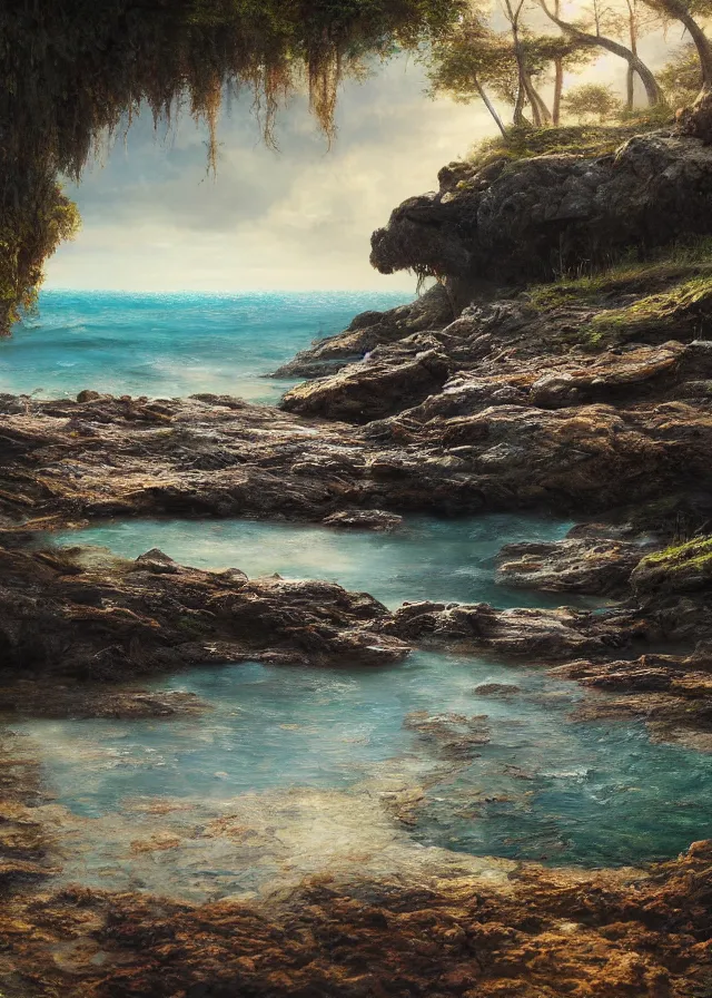 Prompt: tide pool in a secluded cove, extremely detailed oil painting, unreal 5 render, digital art, landscape painting, octane render, beautiful composition, trending on artstation, award winning photograph, masterpiece